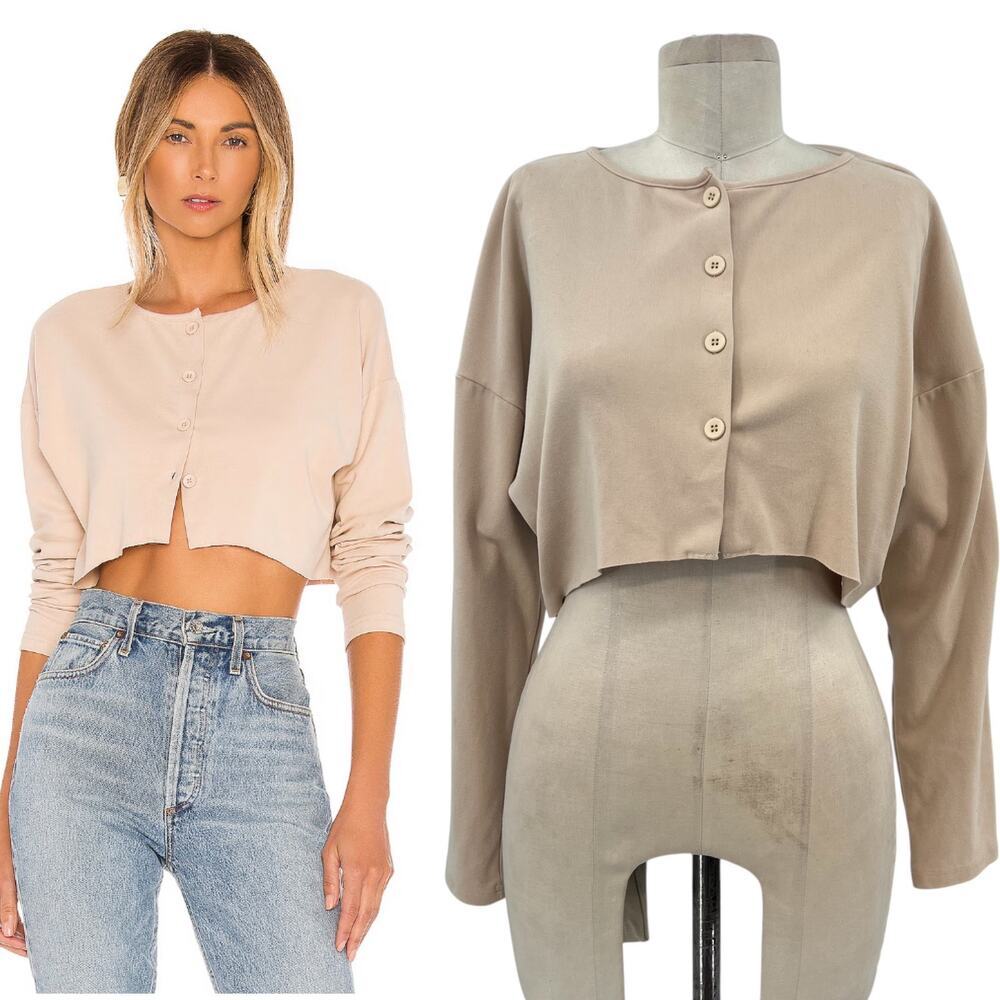 Privacy Please Keaton Cropped Top Cardigan Long Sleeve Knit Nude Tan Size Medium